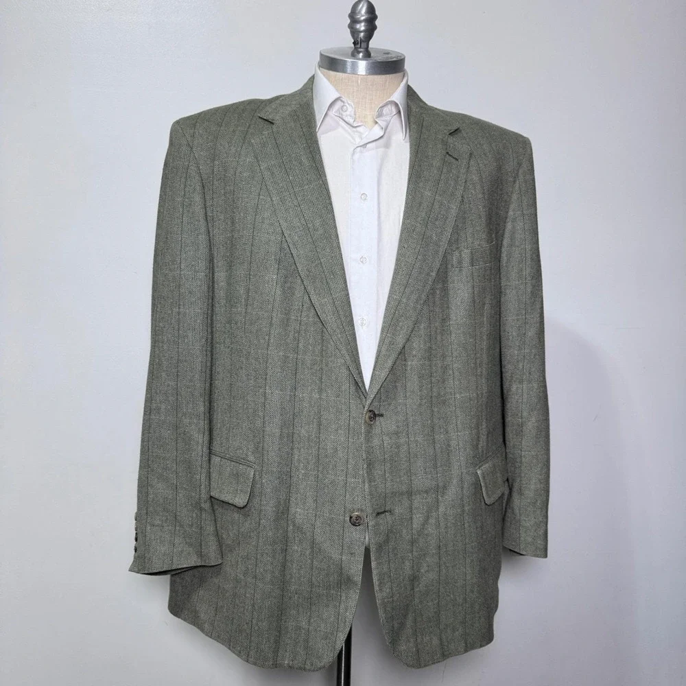 Jos. A. Bank Blazer Mens 54L Green Gray Herringbone Pinstripe 100% Silk